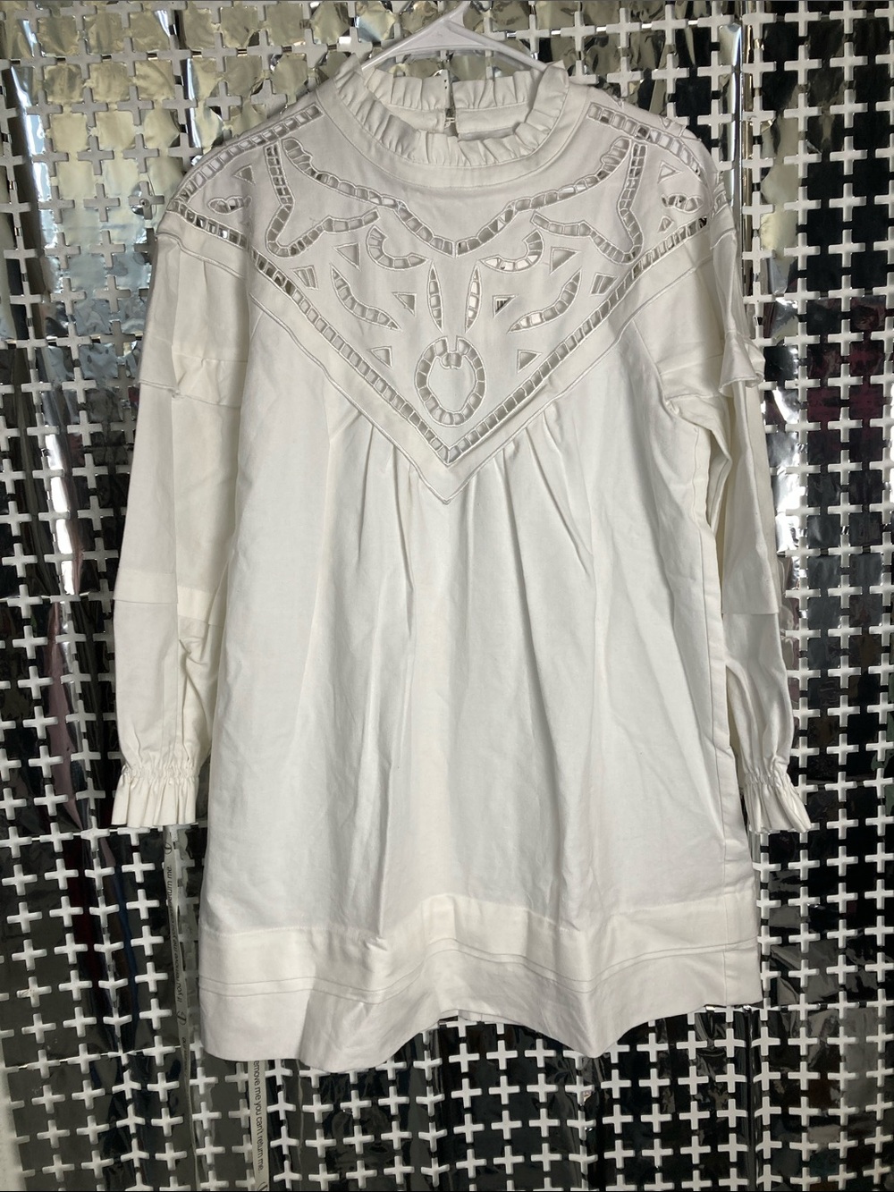 Vita Grace Elegant White Mini Dress with Cutout Yoke